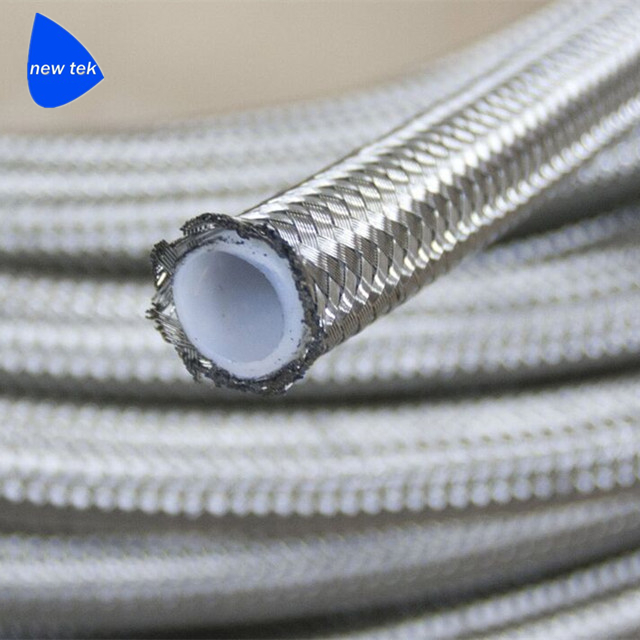 Stainless Steel Braid Cover Smooth PTFE Tube w/ Threaded Pipe Fitting
